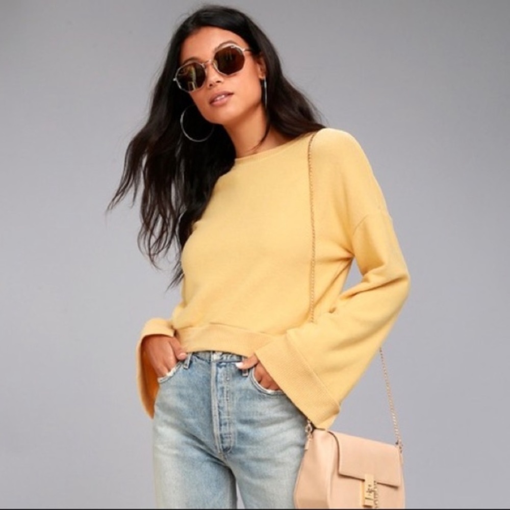 NEW PST Yellow Bell Sleeve Fuzzy Cropped Sweater